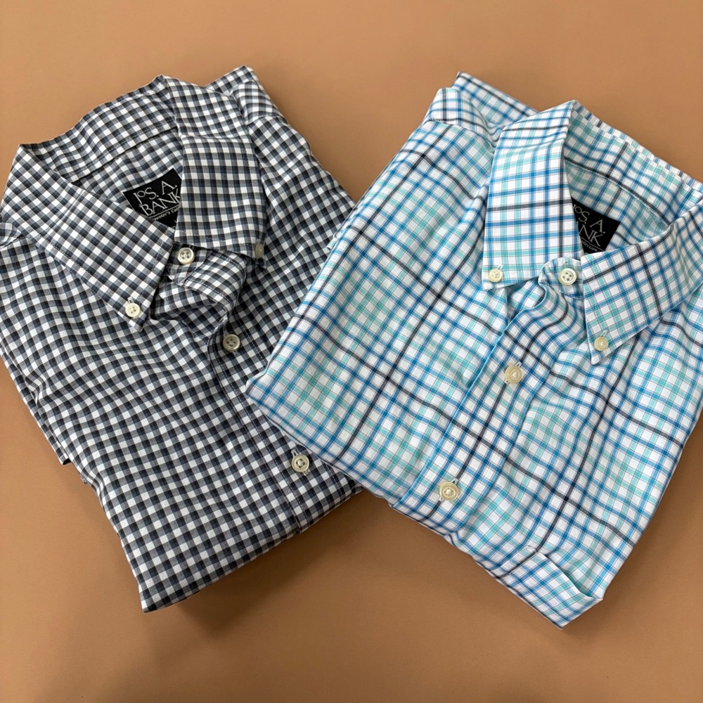 x2 JOS A BANK‎ Traveler Collection Mens L Button Down Short Sleeve Plaid Shirts